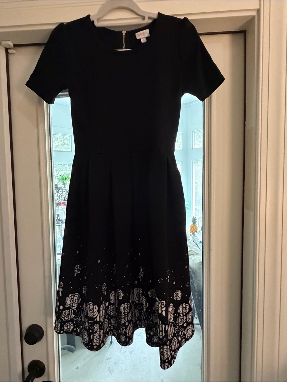 LuLaRoe Black Fit-and-Flare Dress with White Floral Hem